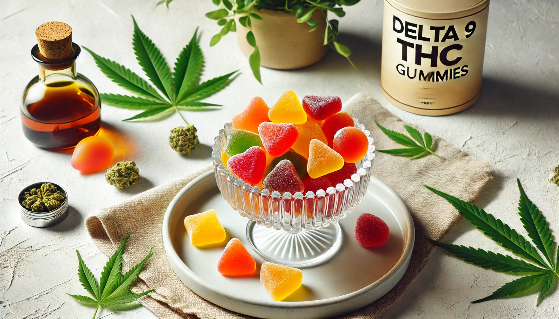 A glass bowl filled with colorful Delta 9 THC gummies in mango, orange, and cherry hues, placed on a clean white background with subtle cannabis leaf decorations for a fresh and inviting look.