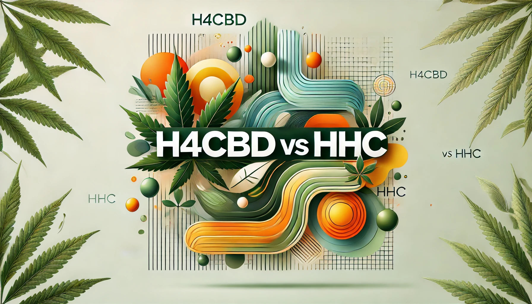 Blog header image titled ‘H4CBD vs HHC,’ featuring abstract visuals with green tones for H4CBD and dynamic orange-yellow tones for HHC, emphasizing their contrast.